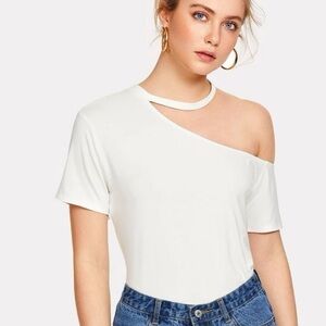 Off Shoulder White Short Sleeve Cutout Tee T-Shirt Size Small S